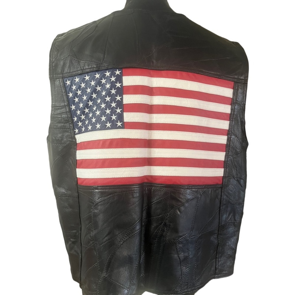 Intro Leather Vest XL with Flag Sewn on Back Lined Pocket and Vest Polyester